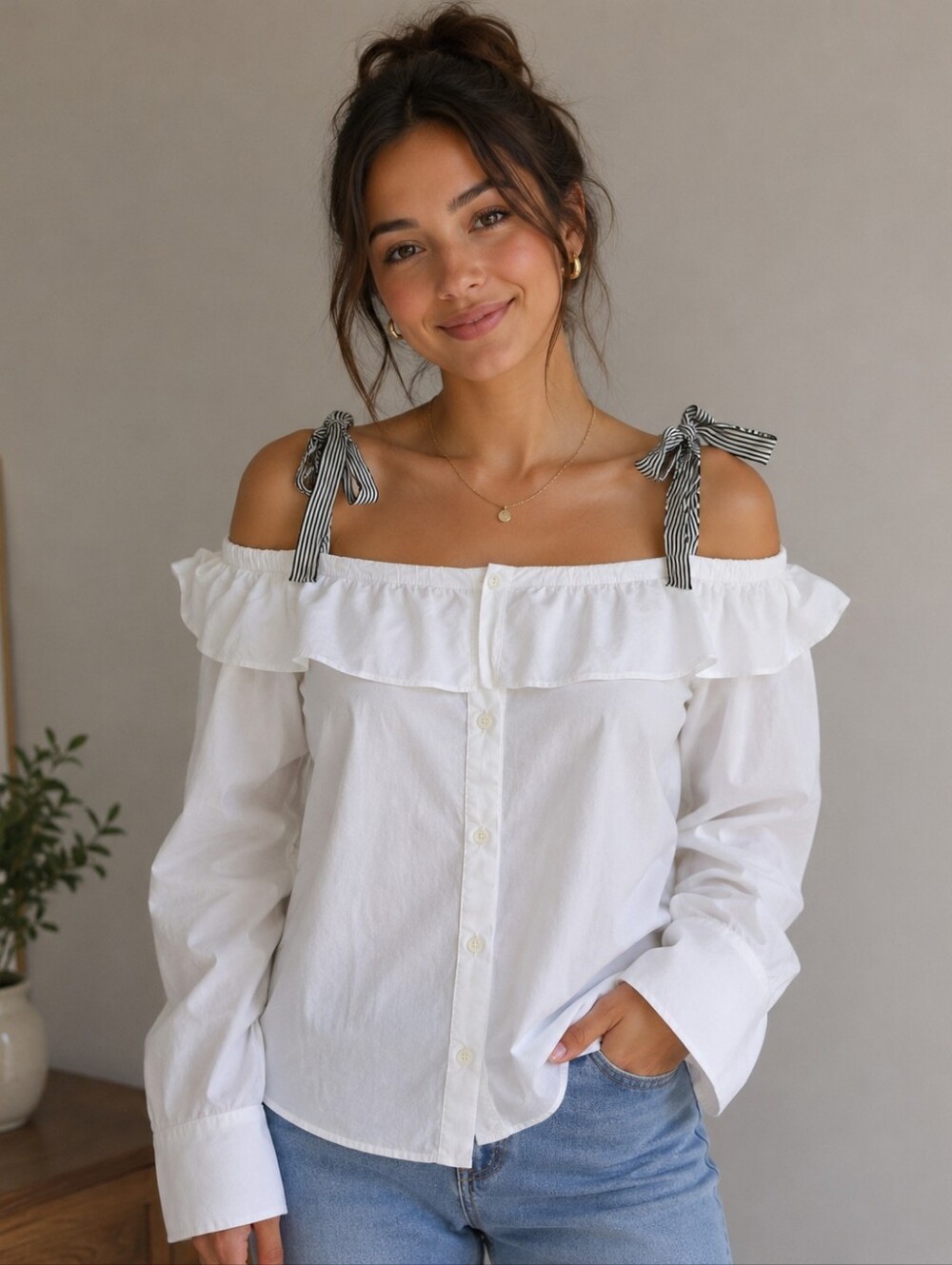 J Crew Off the Shoulder Shirt Top Black White Straps Small Cute!